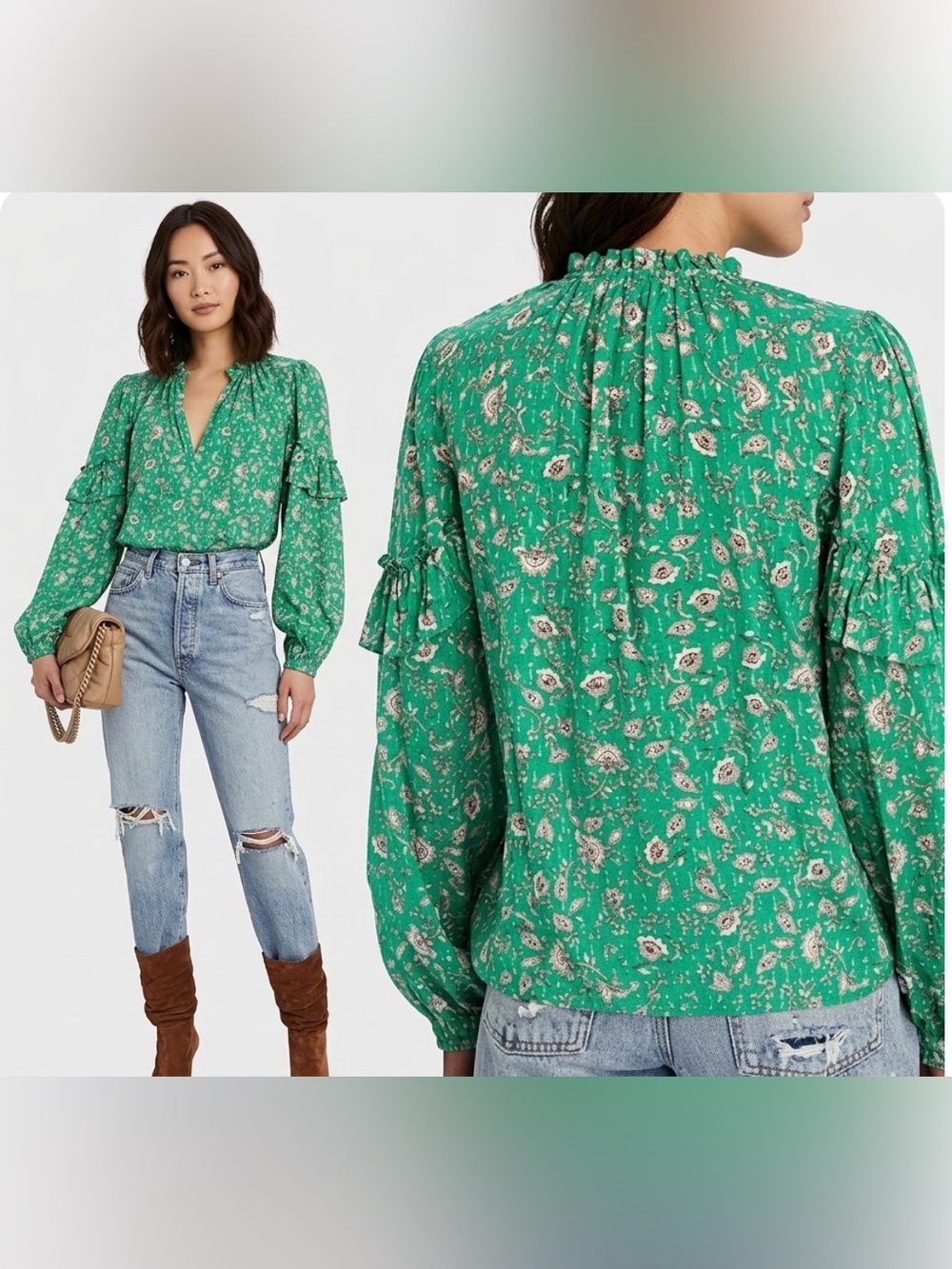INTERMIX Marika Ruffled Fil Coupe Blouse in Green floral size Medium